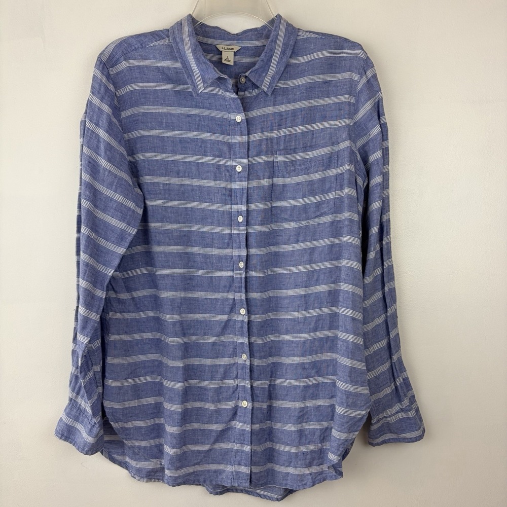 LL Bean Linen Top Women Large Blue White Stripe Shirt Beach Coastal Nautical